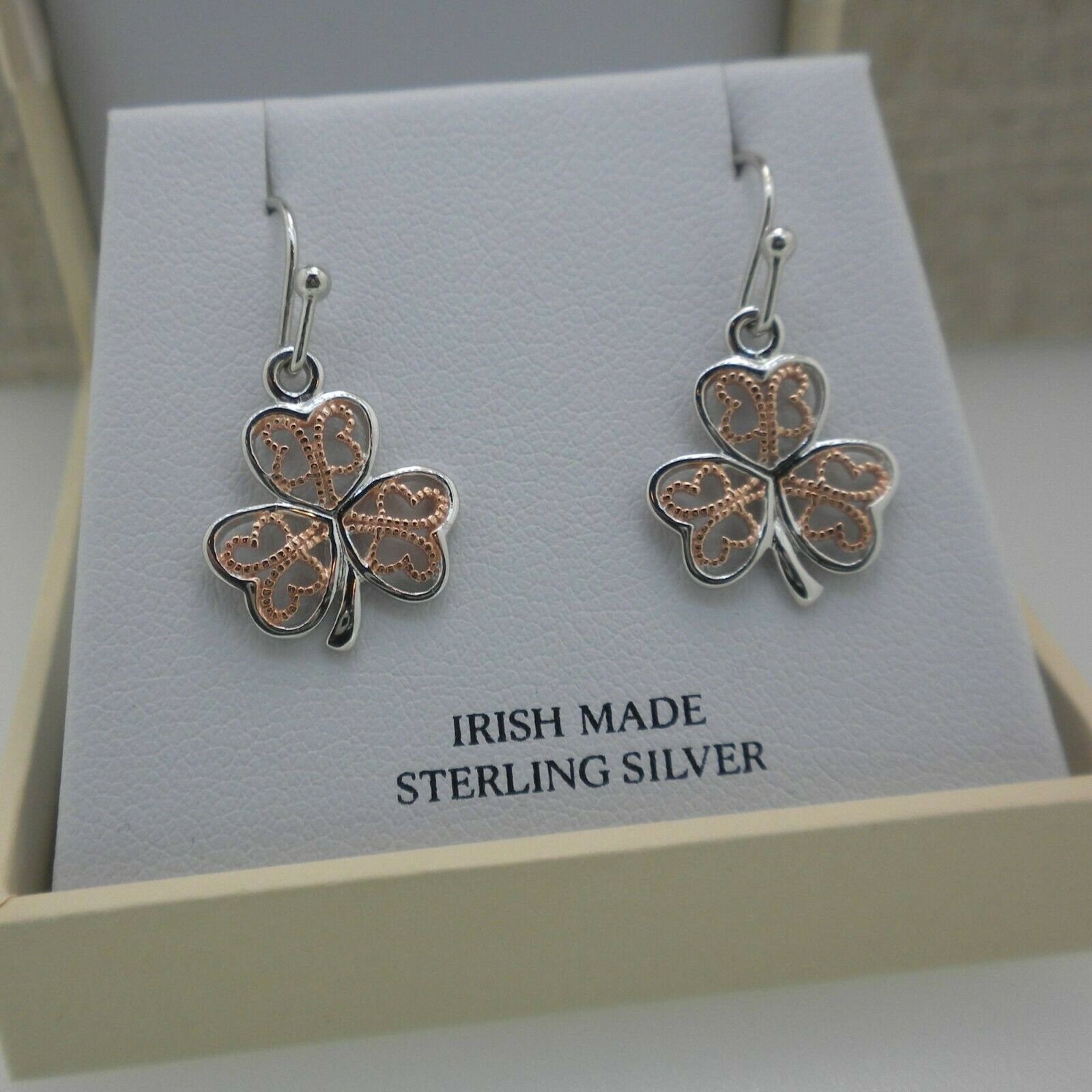 Shanore Sterling Silver Irish Shamrock Earrings With Rose Gold Plate Ireland