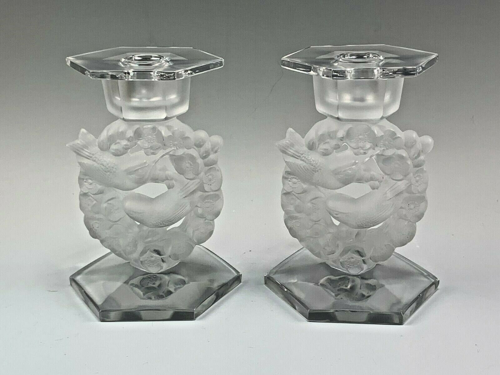 Pair Lalique Frosted Crystal Mesanges Candleholders Birds In Wreaths