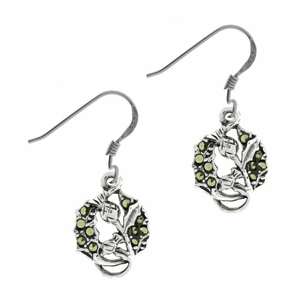 Scottish Thistle Silver Earrings With Marcasite