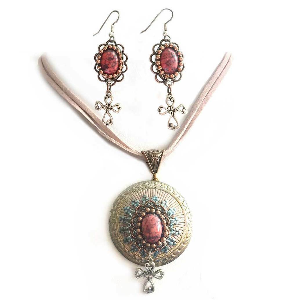 004- Celtic Cross & Coral Statement Pendant & Earring Set On Filigree And Bolo