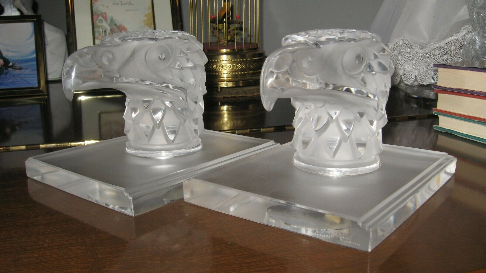 Pair Of Lalique Eagle Head Book Ends - Signed