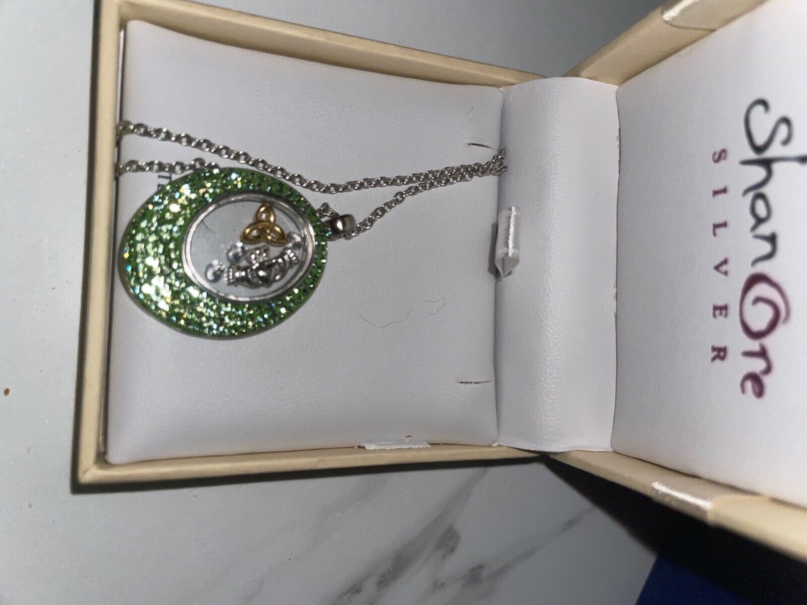 Shanore Silver Peridot Pendant With Chain, Never Worn In Box